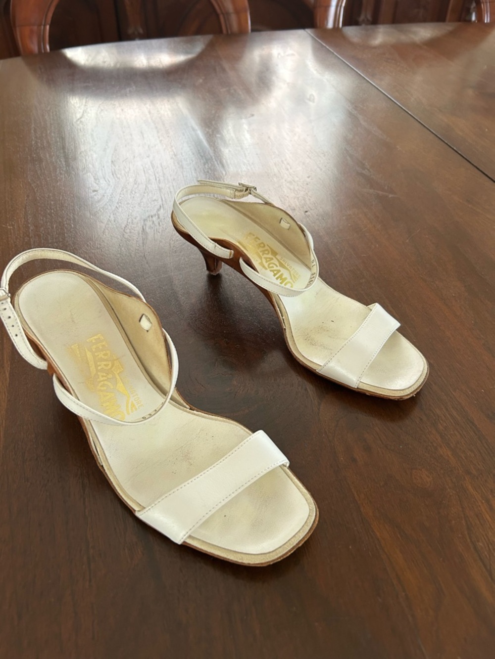 Salvatore Ferragamo Cream Open-Toe Slingback Heels